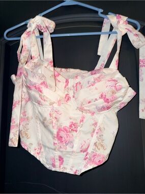 Floral Corset Bustier Tie-Strap Crop Top | White Pink Roses | Size Medium